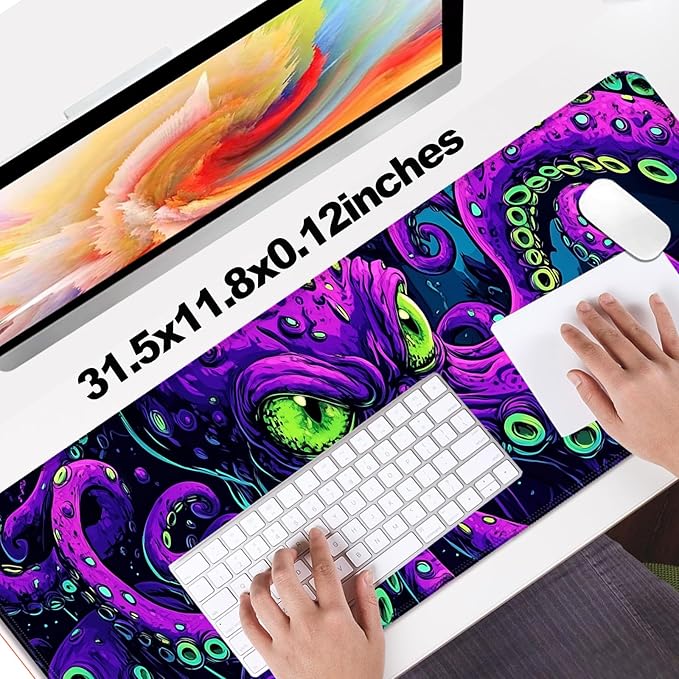 Octopus Monster Gaming Desk Mat, Computer Keyboard Large Extended Cool Neon Animal Mouse Pad for Office and Home, 31.5×11.8 Inches, XL
