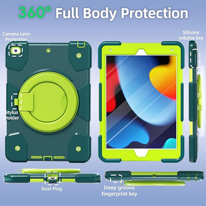Andnary Case for iPad 9th/8th/7th Generation 10.2 inch, Shockproof Cover with Screen Protector/360° Rotate Stand/Pencil Holder/Shoulder Strap, Kids Case for iPad 2021/2020/2019 (Dark Green+Green)