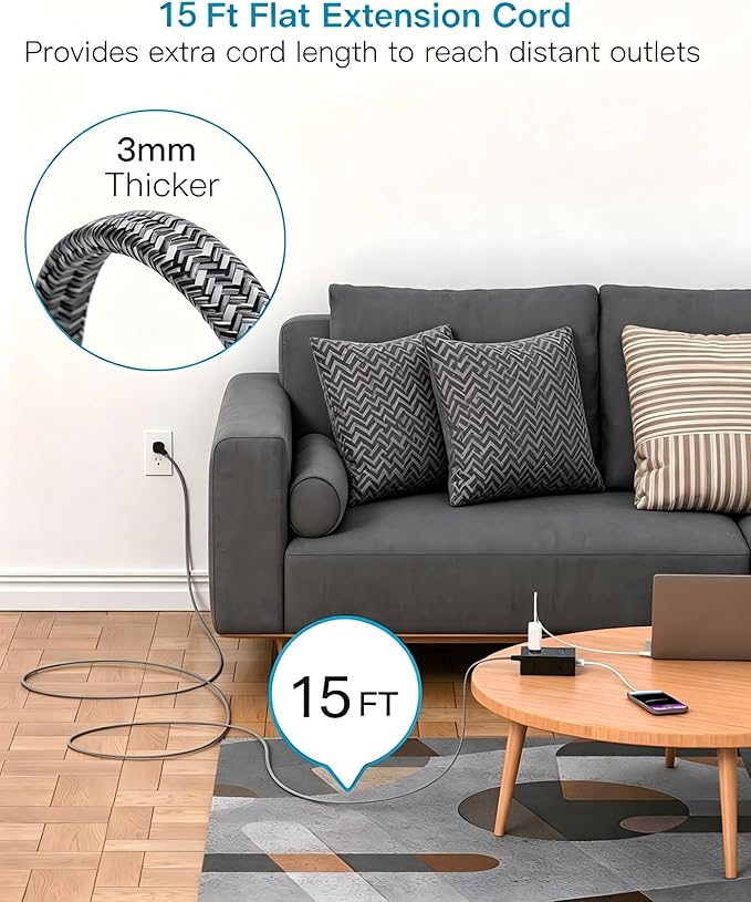 Surge Protector Power Strip 15 Ft Cord, Ultra Thin Flat Extension Cord with 8 Outlets 4 USB Ports(2 USB C), Flat Plug Power Strip, 15 Ft Long Braided Power Strip for Home, Office, Dorm Room, Black