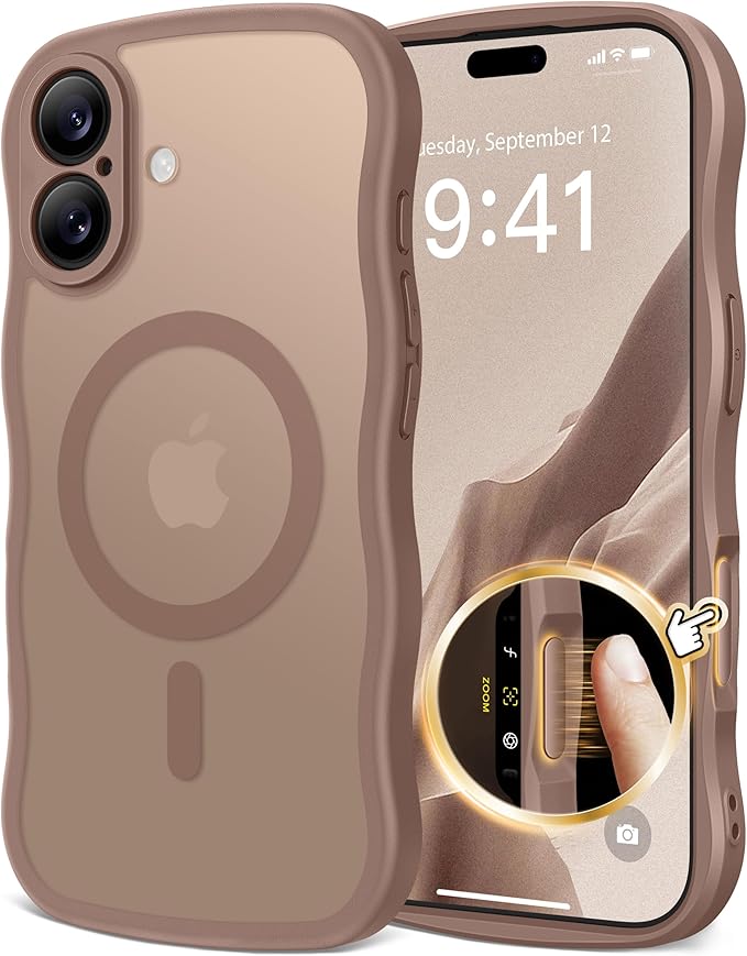 CAPRARO Magnetic for iPhone 17 Case for Women Girls, Upgraded [Full Camera Protection] [Compatible with MagSafe] Cute Wave Translucent Matte Phone Case for iPhone 17, Brown
