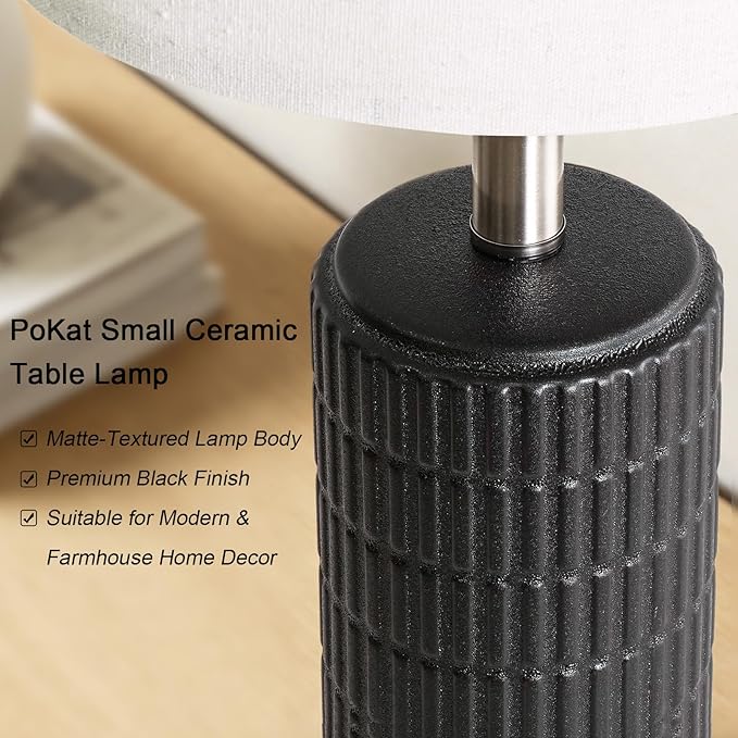PoKat Small Table Lamps Set of 2 for Bedroom, 20.75'' Matte-Textured Farmhouse Ceramic Bedside Lamps for Night Stands, Stone-Like Modern Lamps for Living Room End Table Hallway Entryway Decor Black