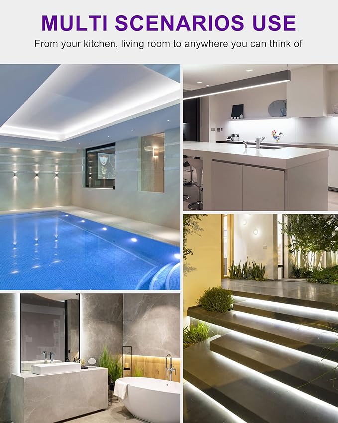 HitLights Outdoor LED Strip Lights Waterproof White, 16.4ft Dimmable Tape Light 5000K, IP67, 300 LEDs, 150Lm/ft, 12V Flexible Rope Lights for Home, Balcony, Roof, Patio (Power Source Not Included)