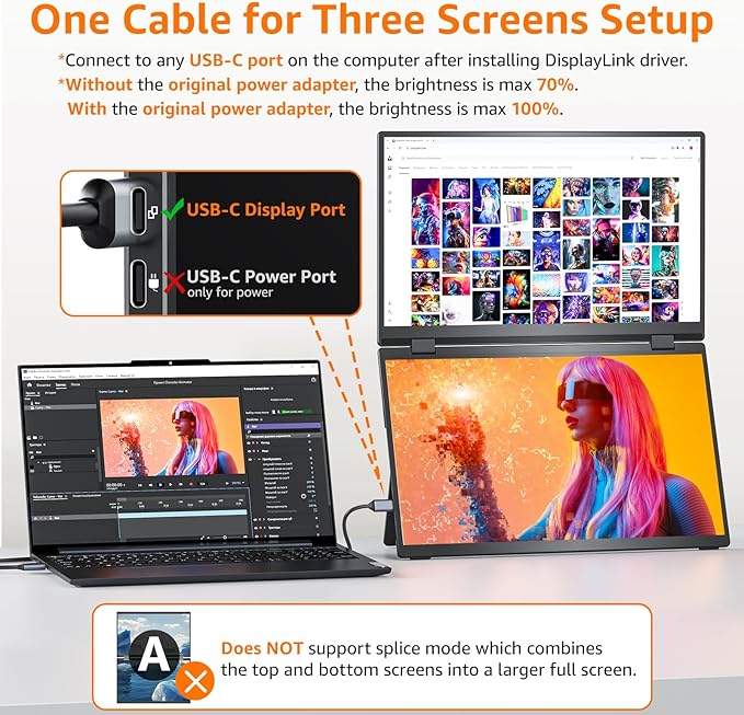 Upperizon Portable Monitor Foldable Dual Screen 15.6 inch FHD 107% sRGB IPS HDMI USB-C Travel Monitor for Laptop Mac PC Windows, DisplayLink Stacked Screen Extender with Kickstand, VESA Compatible