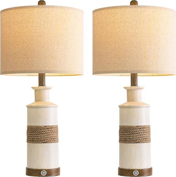 BOBOMOMO 24.5" Farmhouse Boho Table Lamps Set of 2, Hand-Woven Rattan Bedside Lamps with 3-Way Dimmable Touch Control & USB A+C Ports, Nightstand Lamp for Bedroom, Living Room, Corner (Bulbs Included)