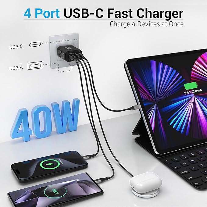TT&C 40W USB C Charger Block, 4-Port Fast Charging Block (2 USB-C + 2 USB-A), Compact Multi-Device Wall Plug Adapter for iPhone 17,16,15,14, Pro Max, Samsung Galaxy S24/S23 Travel & Home (Black 1Pack)