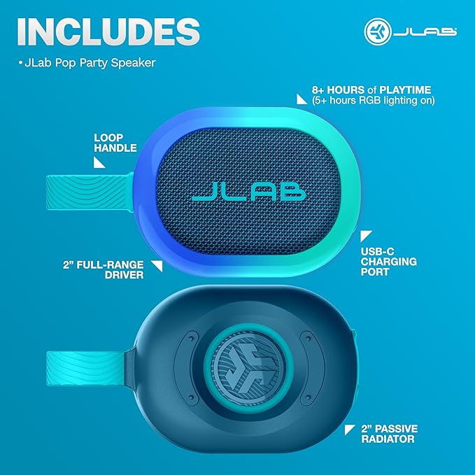 JLab, Pop Party, Portable Bluetooth Speaker, Waterproof, RGB LED Lighting, Navy