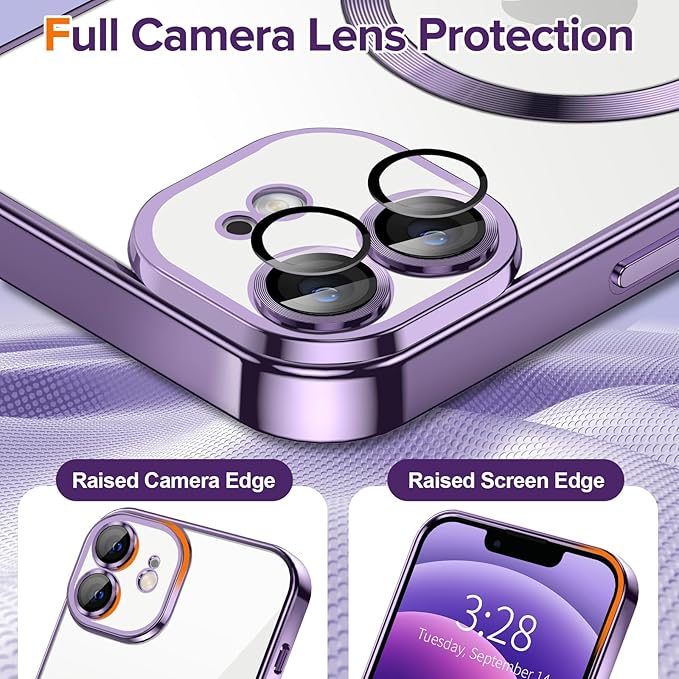 Hython Magnetic Clear for iPhone 12 Case with Camera Lens Protector [Compatible with MagSafe] Luxury Plating Edge Slim Soft TPU Cover Protective Phone Case for iPhone 12 6.1", Deep Purple