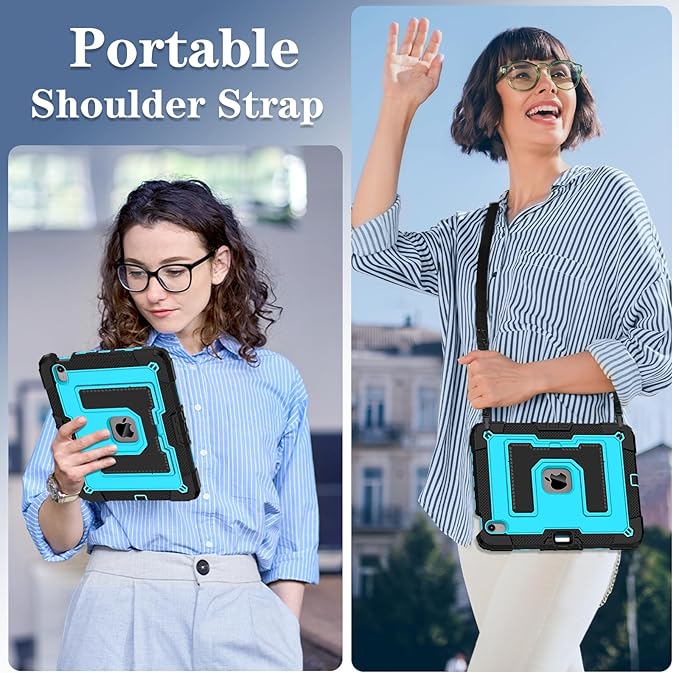 Kids Friendly Case for iPad Air 11 Inch M4 M3 M2 2026/2025/2024 Case with Pencil Holder & Shoulder Strap, Military Grade Shockproof Kickstand Hard Shell Protective Cover,Black+Blue