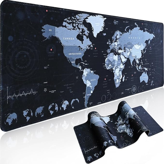 Gaming Mouse Pad XL XXL With World Map (31.5 x 11.8in) - Desk Mat, Large Keyboard Mat 3MM Anti Slip and Waterproof Rubber (Black)