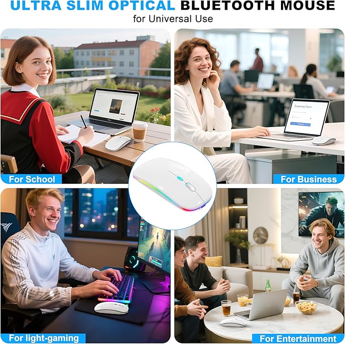 LED Bluetooth Wireless Mouse for MacBook Air Mac Pro Laptop Computer iPad, Rechargeable Silent Light-Up Mouse Jiggler Optical Dual Mode BT5.2 & USB-A/USB-C for Students, Kids, Girls, Boys - White