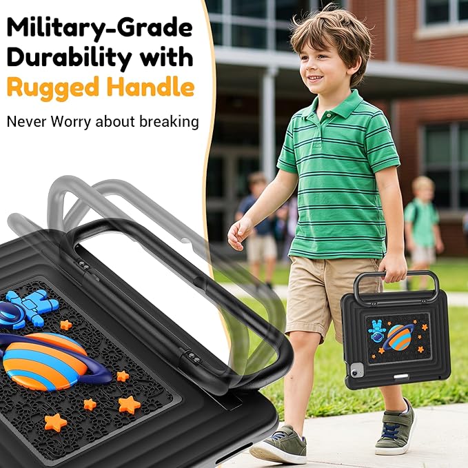 KAIJIAbox Kids-Friendly Case for iPad Air 11" M4/M3/M2, Pro 11" 4th/3rd/2nd/1st Gen, Air 5th/4th - Military-Grade Drop Protection with Metal Handle/Stand, Screen Protector, Pen Holder, Shoulder Strap