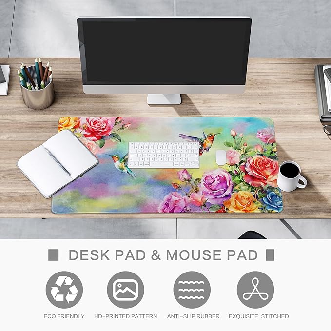 Colorful Large Mouse Pad, Pink Floral Desk Mat for Desktop, Women Girls Waterproof Gaming Mousepad, Computer PC Laptop Protector Writing Pads for School Office Home 31.5" x 15.7", Floral