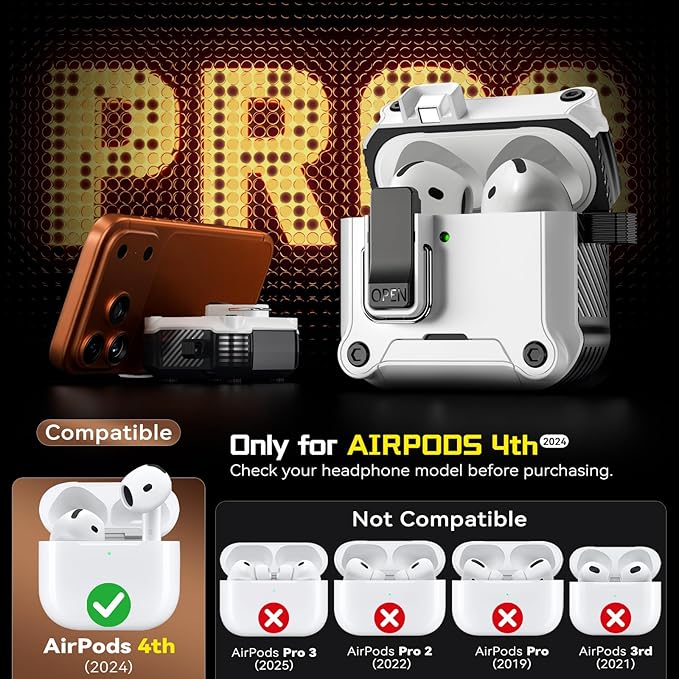Inesore Compatible with AirPods 4 Generation Case,Secure Lock & Phone Stand Design,Compatible with MagSafe,Automatic Snap Switch Secure Cover for New AirPods 4th (2024)-White