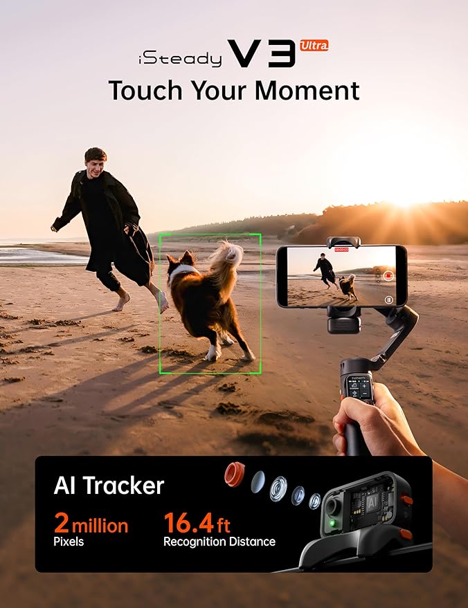 Hohem iSteady V3 Ultra Gimbal Stabilizer for iPhone, AI Tracker with Light, 1.22" Full-color Touchscreen Remote Control, Built-In Extension Rod & Tripod, 360° Infinite Tracking, Video Recording, Black