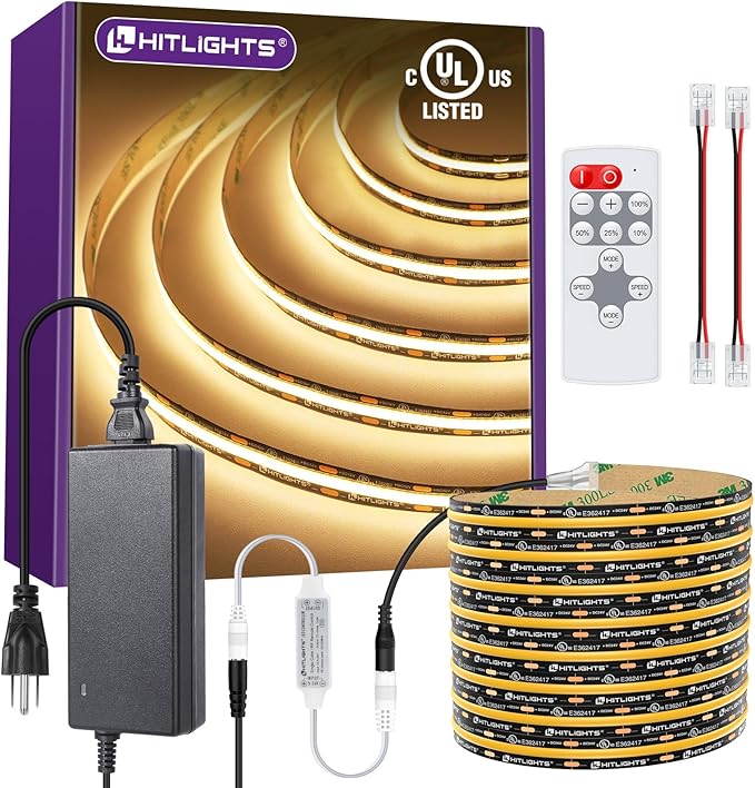 HitLights COB LED Strip Lights Kit Warm White with Remote & 12V Power Supply,16.4ft Dimmable Tape Light 3000K, 2400LEDs, 305+Lm/ft, UL Listed, Flexible Rope Lights for Bedroom Kitchen Cabinet Lighting