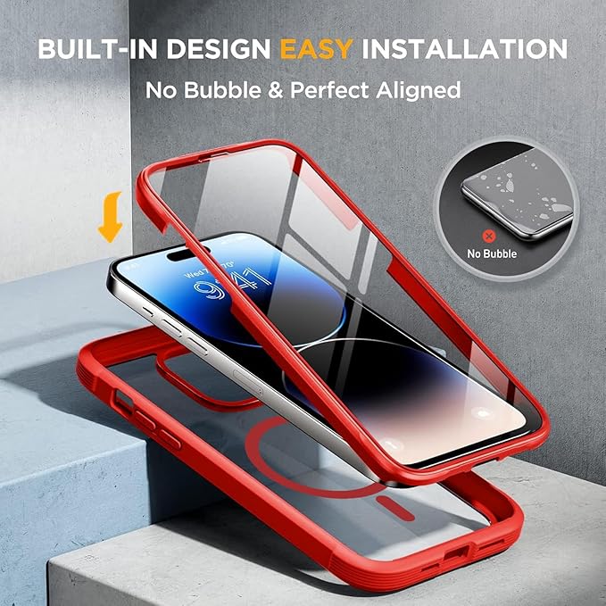 Miracase Magnetic for iPhone 14 Pro Max Case 6.7 inch, (Compatible with MagSafe) Upgrade Full-Body Clear Phone Bumper Case with Built-in 9H Tempered Glass Screen Protector, Magnetic Red
