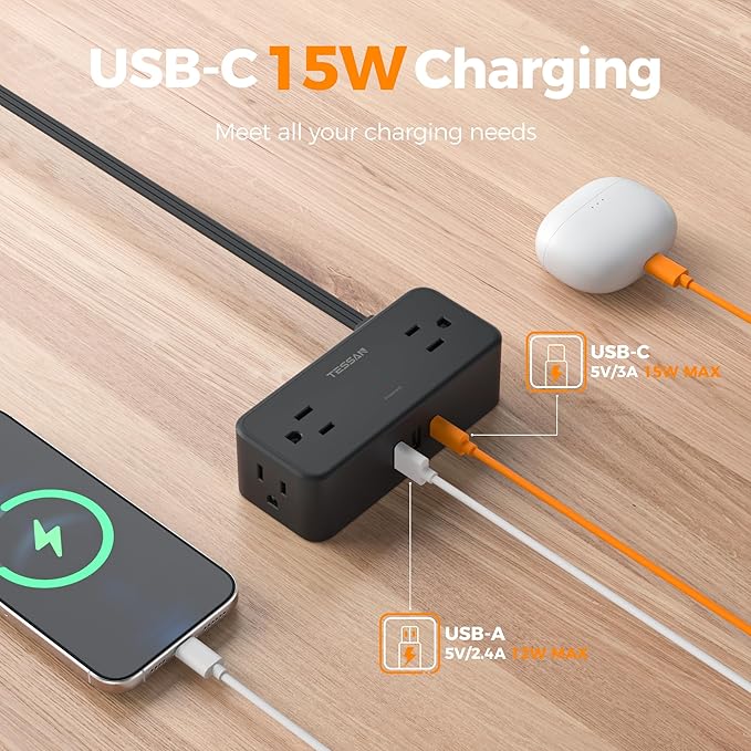 TESSAN Flat Plug Extension Cord 5 FT, Surge Protector Power Strip with 4 AC Outlets 1 USB C and 2 USB A Ports, 900 Joules Protection, Multiple Wall Outlet Extender Suitable for Office Dorm, Black