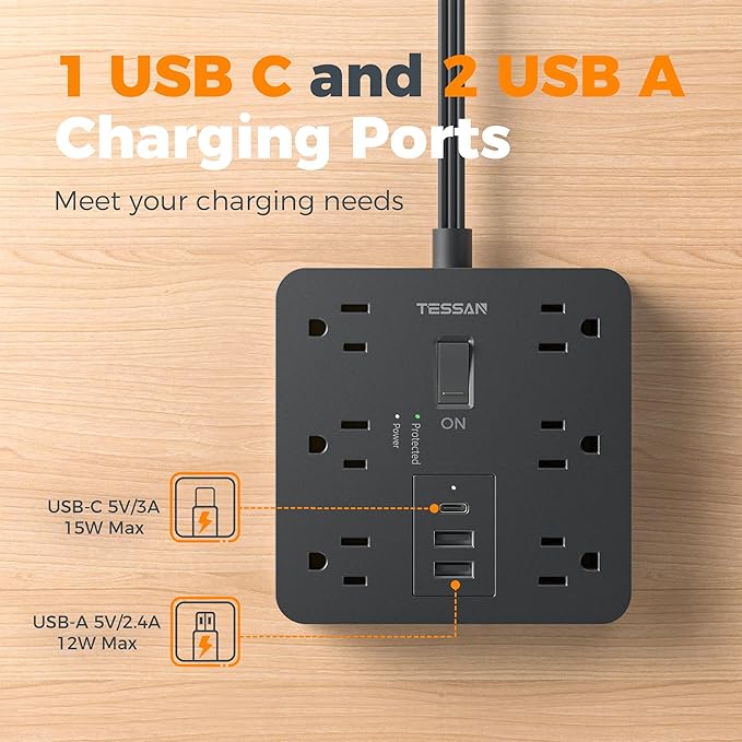 TESSAN 5Ft Black Extension Cord with Multiple Outlets, Surge Protector Power Strip with 6 Outlets and 3 USB Ports (1 USB C), 1700 Joules Protection, Flat Plug, Outlet Extender for Home, Office, Dorm
