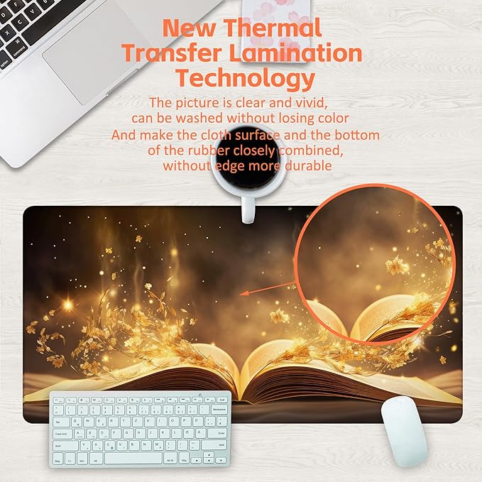 Desk Pad, Golden Magic Book Desk Mat, Fantasy Books Large Gaming Mouse Pad, 31.5"x15.7" Extended Big Computer Keyboard Mouse Pad with Non-Slip Base and Stitched Edge
