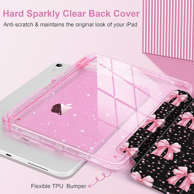DONGKE for iPad Pro 11 inch Case – Fits M5 2025 / M4 2024, Shockproof Sparkling Glitter Acrylic Back, Pencil Holder, Trifold Stand, Auto Sleep/Wake & Touch ID Support - Pink Bows