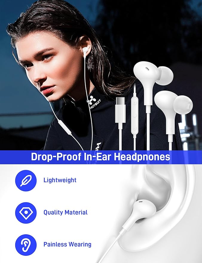 iMangoo for Apple USB C Wired Headphones, Hi-Fi Sound Corded Earbuds, Ergonomic Small in Ear Buds for iPhone 17 Pro Max/17e/16 Plus/16e/15, for Samsung S26/S25 Ultra/for Pixel Type C Earphones White