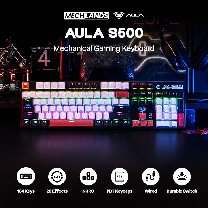 MechLands Aula S500 Wired Gaming Keyboard, 100% Full Size Mechanical Keyboard with Number Pad, 104 Keys, NKRO, RGB Backlits, Shine Through Keycaps, Ergonomic for PC E-Sports (Black&Red, Blue Switch)