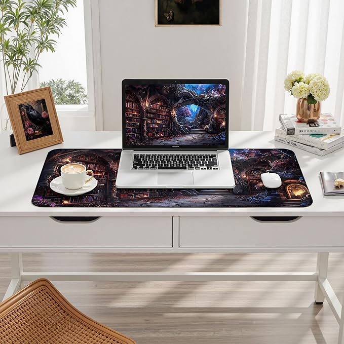 Dark Academia Desk Pad Library Desk Mat Witchy Mousepad XXL Large Gaming Mouse Mat for Office,Computer,Keyboard,Laptop and Home Desk Pad 31.5 X 15.7inch