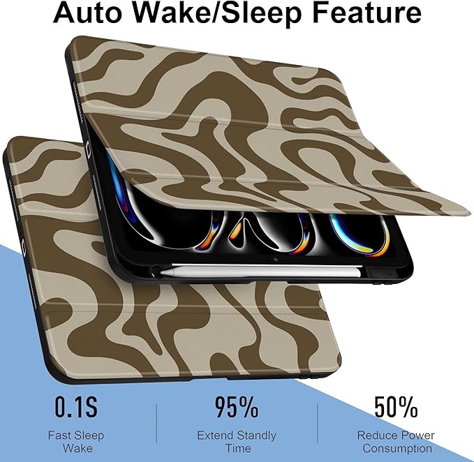 TWOLSKOO Case for iPad Pro 11-inch (M5 2025 / M4 2024), Clear Acrylic Back with TPU Bumper, Pencil Holder, Trifold Stand, Auto Sleep/Wake, Brown Waves