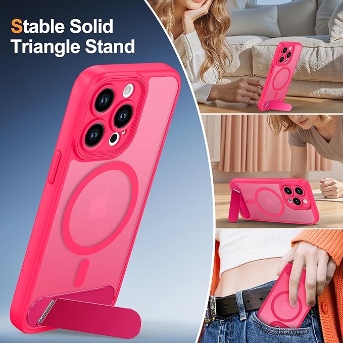 Magnetic Compatible with iPhone 13 Pro Case, [Built-in Kickstand][Full Camera Protection][Compatible with MagSafe][Anti-Fingerprint] Shockproof Phone Case for iPhone 13 Pro 6.1",Hot Pink