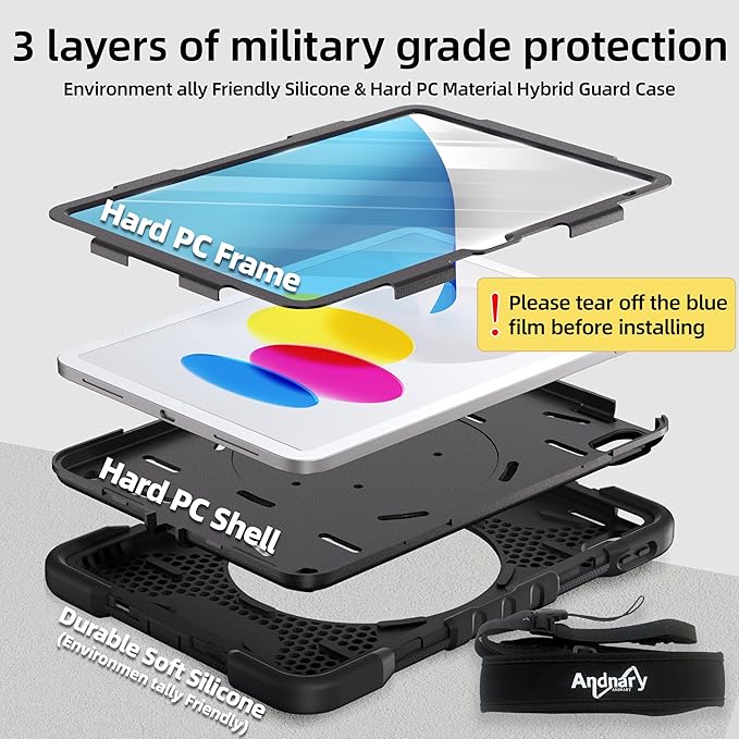 Andnary Case for iPad (A16) 11th Generation 11 inch 2025/10th Generation 10.9 inch 2022, Shockproof Cover with Screen Protector/360° Rotate Handle/Bracket/Pen Holder/Shoulder Strap (Black)