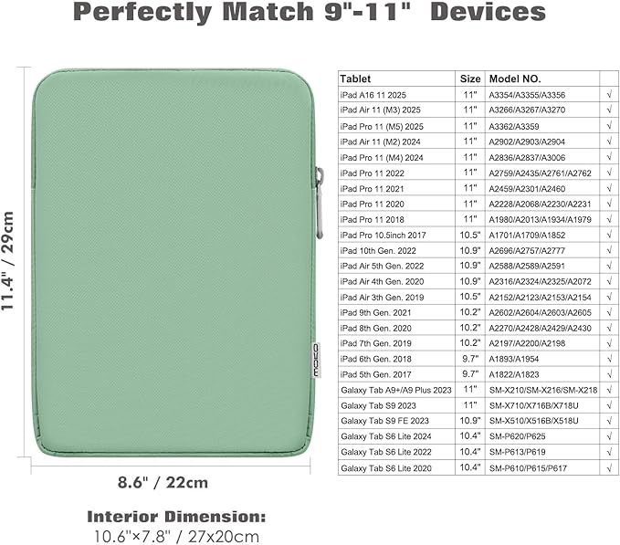 MoKo 9-11 Inch Tablet Sleeve Bag Carrying Case Fits New 11inch iPad Air M4, iPad A16 2025, iPad Pro 11 M4, Air 5/4/3, iPad 10/9/8th Gen, Tab S8/S9 11", Tablet Carrying Case, Bodhi Green