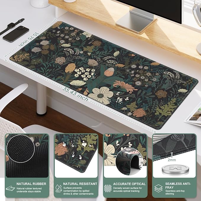 iCasso Desk Mat, XXL Large Mouse Pad for Desktop, Cute Pad With Stitched Edges, Anti-Slip Big Mousepad, Keyboard Mat for Computer, Work, Gaming (Weeds)