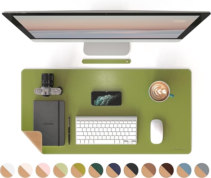 RENMTURE Dual-Sided Mouse Pad, Natural Cork & PU Leather Large Desk Pad for Office and Home Work, Desk Protector Non-Slip, Waterproof, Easy Clean (Olive Green, 32"x16")