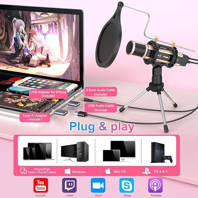 ZealSound USB Podcast Microphone for iPhone, iPad, Android, PC & Laptop, Condenser Mic with Noise Reduction, Mute, Headphone Monitoring & Echo Control for ASMR, Podcast, Streaming, Gaming