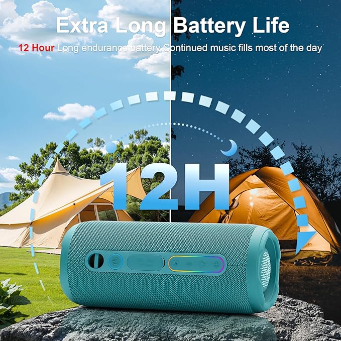Bluetooth Bass Speaker 24W Loud Stereo Sound, Deep Bass, TWS Pairing, IPX7 Waterproof Dustproof,12H Playtime, RGB Light, Bluetooth Speakers Outdoor for Travel, Sport, Party, Biking (Teal)