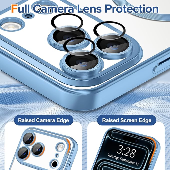 Hython Magnetic Clear for iPhone 17 Pro Max Case with Camera Lens Protector [Compatible with MagSafe] Plating Edge Slim Soft TPU Cover Protective Phone Case for 17 Pro Max 6.9", Matte Light Blue