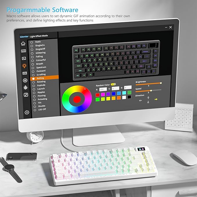 Womier SK80 75% Percent Keyboard Gaming with Color Multimedia Display Mechanical Keyboard Topographic, Hot Swappable Gasket Mount RGB Creamy Key Board Pre-lubed POM Switch for Mac/Win,White