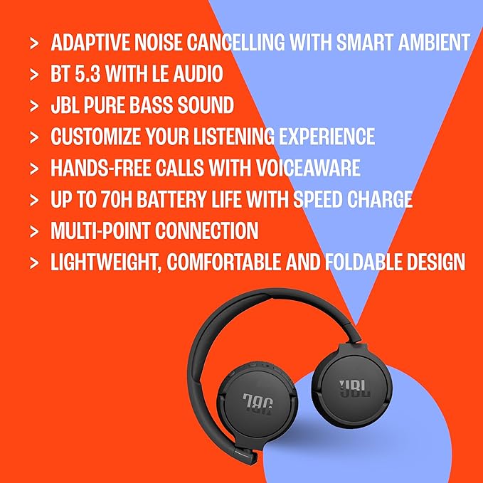 JBL Tune 670NC - Adaptive Noise Cancelling with Smart Ambient Wireless On-Ear Headphones, Up to 70H Battery Life with Speed Charge, Lightweight, Comfortable and Foldable Design (Purple)