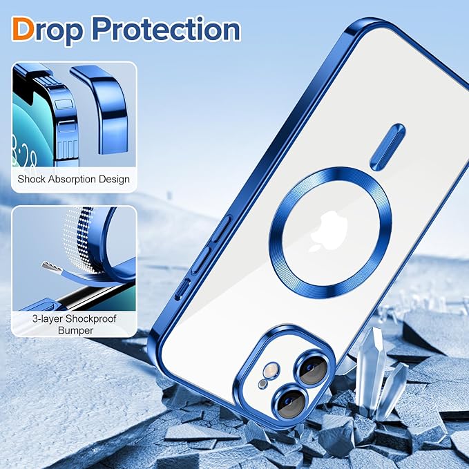 Hython Magnetic Clear for iPhone 12 Case with Camera Lens Protector [Compatible with MagSafe] Luxury Plating Edge Slim Soft TPU Cover Protective Phone Case for iPhone 12 6.1", Deep Blue