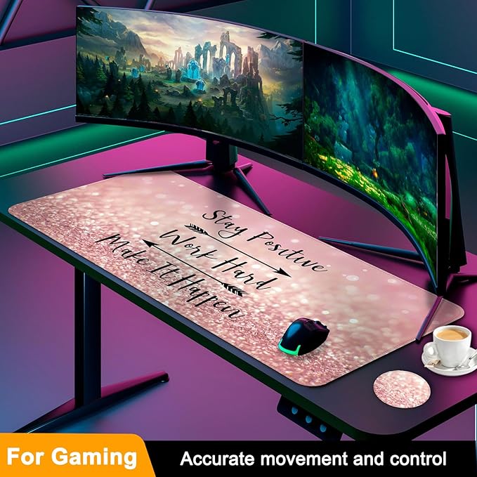 Large Gaming Mouse Pad with Coaster, Desk Matt for Desktop, Desk Pad, Mouse Pads Mat, Stitched Edges Big Extended Mousepad for Computer Keyboard Laptop Office Decor, 31.5'' x15.6''-Pink Words