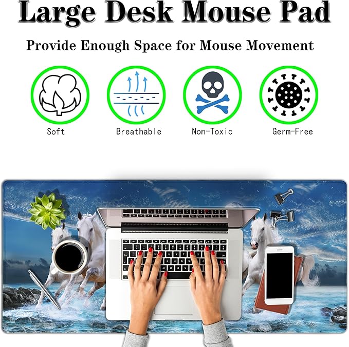 Extra Large Mouse Pads Horses Running, Gaming Mouse Pad Computer Mat, Desktop Computer Mat Non-Slip Rubber Base Waterproof with Stitched Edges, 35.4 X 15.7 inch for Work/Game/Office/Home