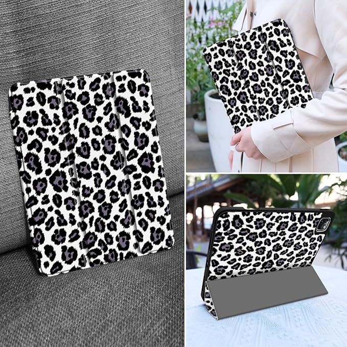 MEEgoodo for iPad Pro 12.9 Case M2 6th/5th/4th/3rd Generation 2022 2021 2020 2018 with Pencil Holder, Tablet Cover with Soft TPU Back Shell, Snow Leopard Texture