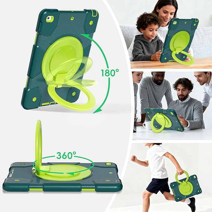 Andnary Case for iPad 9th/8th/7th Generation 10.2 inch, Shockproof Cover with Screen Protector/360° Rotate Stand/Pencil Holder/Shoulder Strap, Kids Case for iPad 2021/2020/2019 (Dark Green+Green)