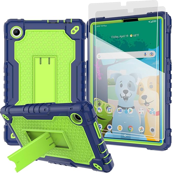 Case for for AT&T Amigo Jr. Tab 8 inch Tablet 9136K - with 2PCS Screen Protector,[Built-in Kickstand] Anti Slip Kids Friendly Shockproof Silicone Protective Cover (Navy/Green+2 PCS Glass)