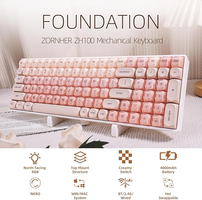ZORNHER ZH100 Foundation Mechanical Keyboard,98% Pink Creamy Keyboard with Number Pad,Full Size Gaming Keyboard Cute,Jelly MOA Profile Round Keycaps,Creamy Sounding Linear Switches,PC Gaming