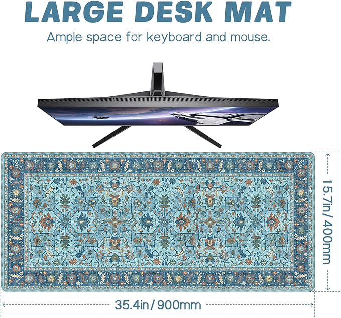Baziabbo Blue Cute Desk Mat,XXL Extended Large Mouse Pad,Gaming Mousepad with Stitched Edge,Non-Slip Rubber Base Keyboard Desk Pad for Home Office Study Game (Blue-A)