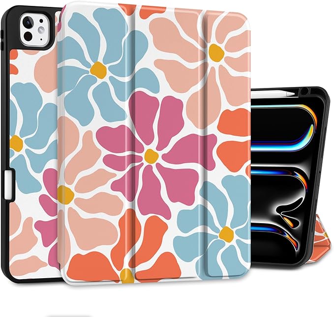 MEEgoodo Case for M5 iPad Pro 11 inch 2025/M4 iPad Pro 11 inch Case 2024, Tablet Cover with Trifold Stand & Pencil Holder & Auto Wake/Sleep & Soft TPU Back Cover, Minimalist Style Floral