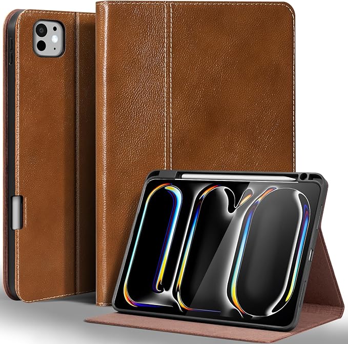 Gexmil Genuine Leather Case for iPad Pro 11 Inch (M5/M4) 2025/2024 with Pencil Holder,Protective Shockproof Leather Smart Folio Cover Adjustable Stand Auto Sleep/Wake Anti-Slip,Yellow Brown