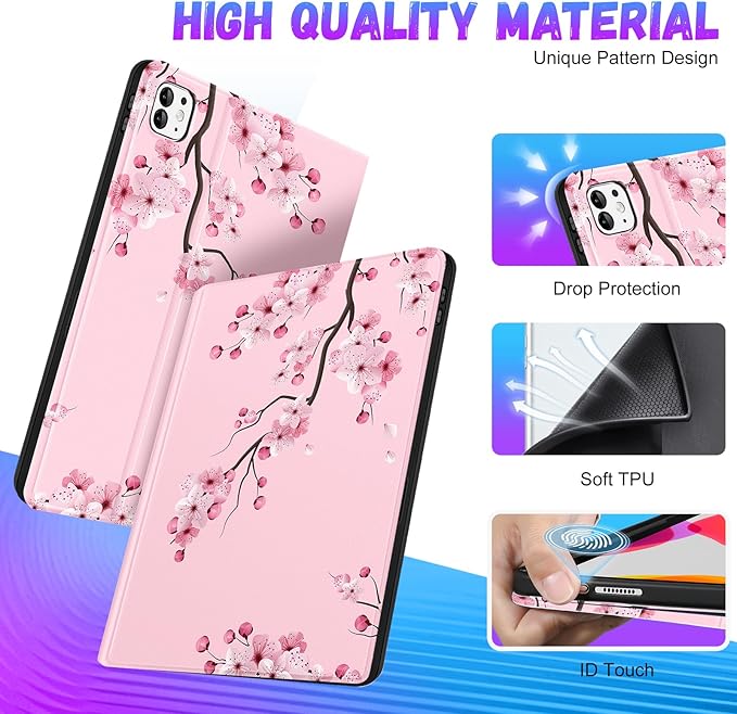 Uppuppy for iPad Pro 13 Inch Case 2024 - Cute Women Girls Folio Smart Cover with Pencil Holder Girly Flower Unique Pretty Aesthetic for iPad Pro M4 13 Inch Cases A2925 A2926 A3007