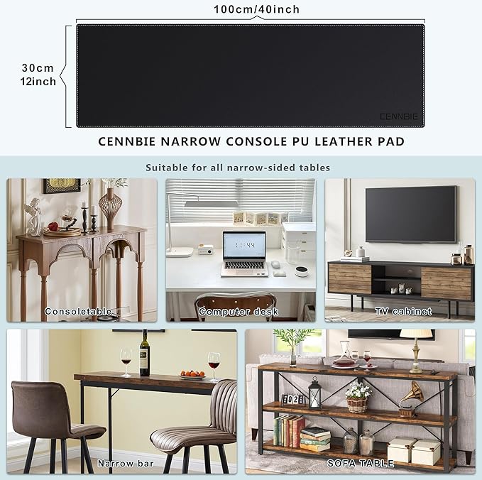 CENNBIE Console Table Leather Cover - 39.4 x 11.8 Inches Sofa Table Narrow Long Mat - TV/Media/Gaming/Center Console Table Protector Pad for Narrow Side Table, Sideboard, Entryway Table (Black)